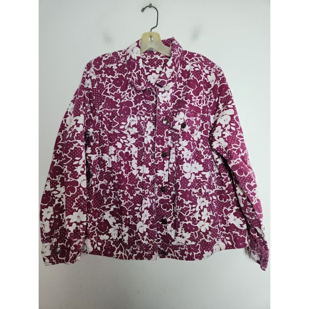 Women Within Purple & White Floral Button Up 100% Cotton Denim Jacket size 18W